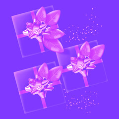 Gift boxes with pink bows and leaves. Background for Valentinae's day, Wedding, Birthday