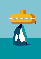 killer whale lifted up above the water a yellow submarine in the ocean