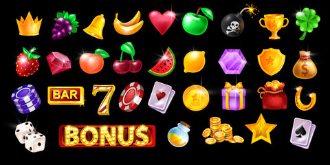 Casino slot icon set, virtual Vegas game fruit UI design elements, vector gambling machine badge kit. Golden award cup, bar sign, gift box, money bag, playing chips. Classic casino icon collection © Oleksandra