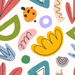 Kinderachtig abstract naadloos patroon. Kleurrijke hand getrokken organische vormen, lijnen, doodles en elementen. Trendy vectorontwerp voor prints, flyers, banners, stof, uitnodigingen, branding, covers en meer.