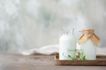 homemade natural kefir in glass bottles with microgreens