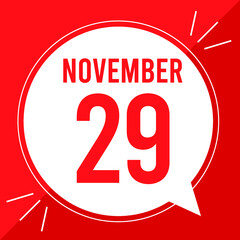 A vector illustration with text: November 29 st day. White balloon on a red backgound.