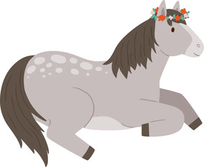 Little Horse in Floral Wreath Childish Cartoon Illustration