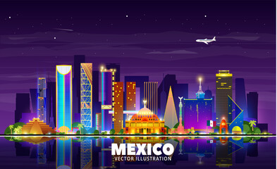Mexico night city skyline on a white background. Flat vector illustration. Business travel and tourism concept with modern buildings. Image for banner or web site. 