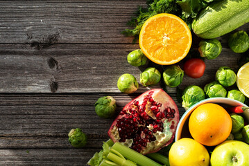 Morning fresh vegetables, healthy breakfast food on wooden table