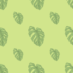 Monstera leaf seamless pattern.Vintage tropical branch in engraving style.