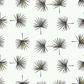 Fan palm leaves seamless pattern.Vintage tropical branch in engraving style.
