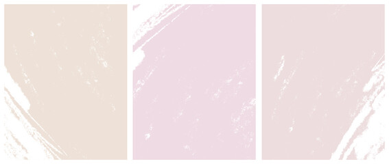 Set of 3 Delicate Abstract Crayon Drawing Style Vector Layouts. White Paint Stains on a Light Pink and Coral Background. Pastel Color Stains and Splatter Print Set.