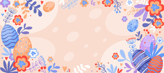 Happy Easter poster background with decorated eggs and flower pattern. Greeting card trendy design.