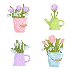 Set of bouquets of spring flowers in vases, in vintage buckets.Cartoon vector graphics.