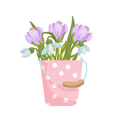 Bouquet of spring flowers in vintage bucket.Cartoon vector graphic.