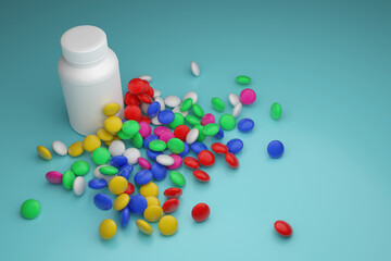 Multicolored tablets of medicines scattered from a white plastic jar. A handful of pills on a blue background. 3D render.