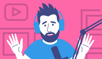 Streamer cartoon with headphones on a studio Vector illustration