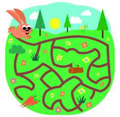 Fototapeta na wymiar Maze, vector, illustration, labyrinth, puzzle, arrow, game, puzzle page for kids with cute rabbit theme