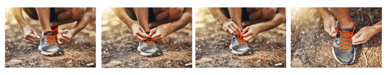 How to tie your shoelaces. Composite shot of a young person tying their shoelaces step by step outdoors before a workout.