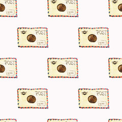 Watercolor seamless pattern with vintage news postcard.