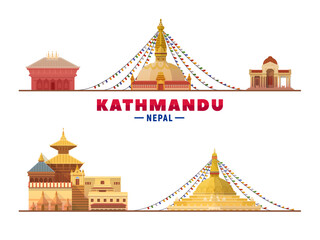 Kathmandu Nepal top landmark at white background. Vector Illustration. Business travel and tourism concept with modern buildings. Image for banner or web site. - obrazy, fototapety, plakaty