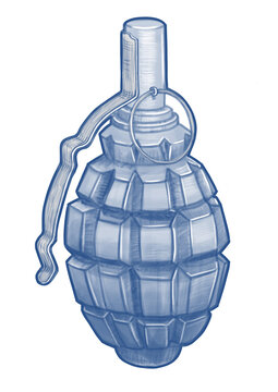 Raster sketch of the F-1 grenade. Isolated on white background. Freehand drawing.
