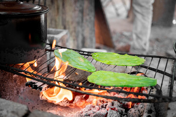 Green cacti grilling on barbecue grid over fire