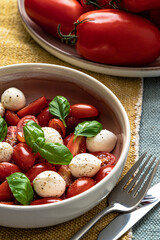 Caprese salad with tomatoes, mozzarella, basil and olive oil. Healthy mediterranean food concept. Close-up photography.