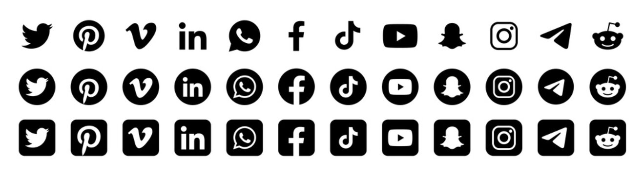 Realistic social media logotype collection: Facebook, instagram, twitter, youtube, linkedin, snapchat, telegram, vimeo. Social media icons