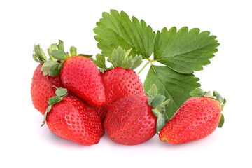 Several tasty strawberries with leaves isolated on white