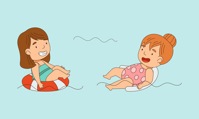 Cute girls in swimwear floating on inflatable rings in pool cartoon vector illustration
