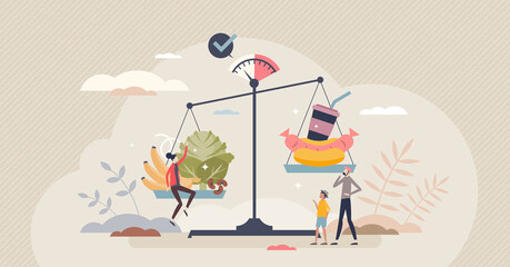 Fototapeta na wymiar Healthy eating on weights compared with junk food tiny person concept. Nutrient meal with vegetables, fruits and vitamin greens as better choice than fast carbs, snacks and sweets vector illustration.