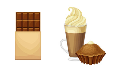 Cocoa products set. Sweet chocolate bar, ice cream and muffin vector illustration