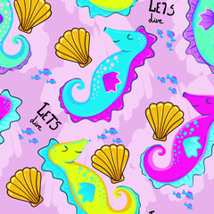 cute seamless vector pattern with seahorse . Kids hand drawn pattern for kids wear, wrapping paper, fashion, and more © SokolArtStudio