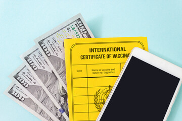 Vaccination passport for COVID-19 buying for money with empty mock up screen smart phone for displayed on smartphone. Buying fake certificates concept.