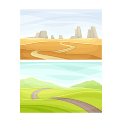 Autumn and summer landscape. Rural yellow and green field and road vector illustration