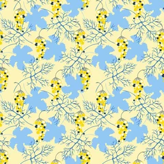 Poster Im Rahmen Beautiful vector seamless pattern in doodle style. Modern hand drawn background. Texture with silhouettes of leaves and grapes in yellow-blue tones of the Ukrainian flag. Repeating design © Bereletik Art