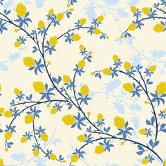 Seamless vector pattern with natural motifs: blackberry branches, leaves and berries. Delicate background in yellow and blue tones. Repeating design for decor, packaging, print, wallpaper, textile