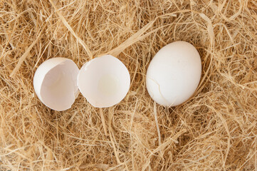 White eggs put on a pile of straw   Eggs contain vitamins, phosphorus, zinc.