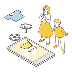 ネットショッピングする女性と子供のアイソメトリックイラスト
