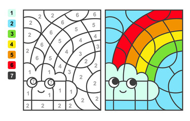 Fototapeta premium Color by numbers rainbow and clouds. Puzzle game for children education, colors for drawing and learning mathematics