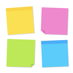 Blank post for message, to do list, memory. Sticky colored notes. Set different colored sheets of note paper. Post note paper with curled corners and shadows. Vector 