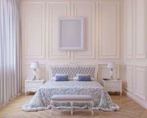 Fototapeta na wymiar Bedroom with window in pastel colors, classic, with double bed, bedside table, paintings. 3D bedroom render