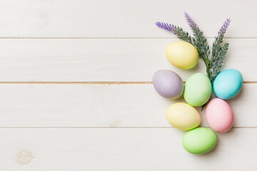 holiday preparation Multi colors Easter eggs on colored background . Pastel color Easter eggs. holiday concept with copy space