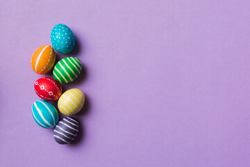 holiday preparation Multi colors Easter eggs on colored background . Pastel color Easter eggs. holiday concept with copy space