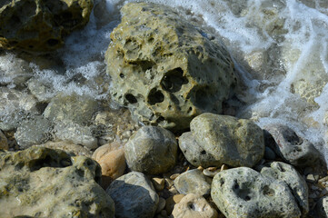 Broken reef boulders in marine water of atlantic ocean