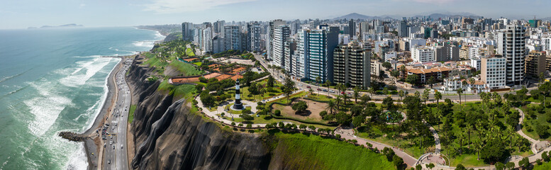Lima, Peru: Aerial view of the Miraflores Lighthouse and the sea in a sunny day