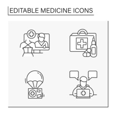 Medicine line icons set. Consultation with doctor, first aid kit, spine treatment, medicals delivery. Healthcare concept.Isolated vector illustrations. Editable stroke