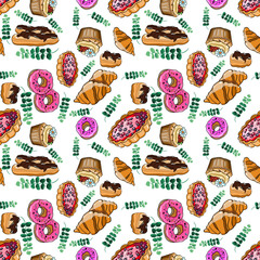 Seamless vector pattern with pie, donuts, eclairs, and croissants with branch of eucalyptus 