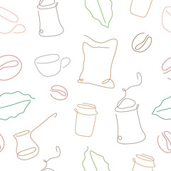 One line art style coffee set seamless pattern. Abstract creative food in minimalism design. Hand drawn vector illustration.