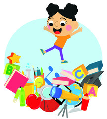 Cute schoolgirl and school objects