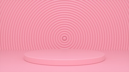 Pink glossy podium and minimal abstract geometry background. Round podium, pedestal, platform for cosmetic product presentation, showcase. Minimalist mock up scene, concept template. 3d render