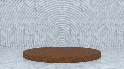 Wooden parquet marble podium and abstract geometry background. Round podium, pedestal, platform for cosmetic product presentation, showcase. Minimalist mock up scene, concept template. 3d render