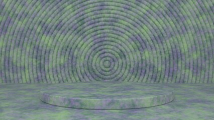 Stone podium and abstract geometry background. Round podium, pedestal, platform for cosmetic product presentation, showcase. Minimalist mock up scene, concept template. 3d render